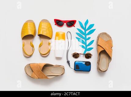 Composition with beach accessories on white background Stock Photo
