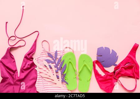 Composition with beach accessories on color background Stock Photo