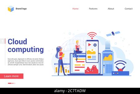 Modern cloud computing technology landing page template flat vector illustration concept. Data storage protection, computing science disk services, connection innovations Stock Vector