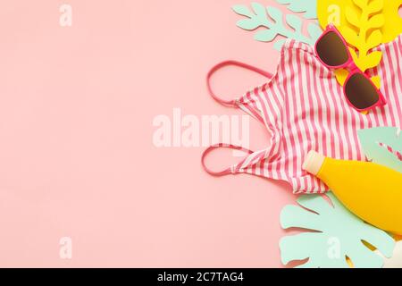 Composition with beach accessories on color background Stock Photo