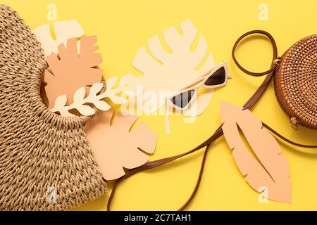 Composition with beach accessories on color background Stock Photo