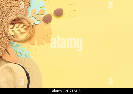 Composition with beach accessories on color background Stock Photo