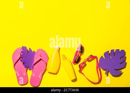 Composition with beach accessories on color background Stock Photo