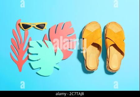 Composition with beach accessories on color background Stock Photo