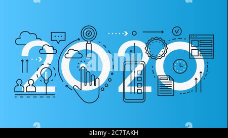 Innovation thin line concept vector illustration. Website interface creative design with abstract flat 2020 word, innovative new idea elements, modern startup business technology and solutions Stock Vector