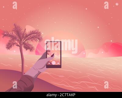 Flat illustration of a woman hand taking a picture of the sunset on the beach. Summer sky and stars landscape Stock Vector