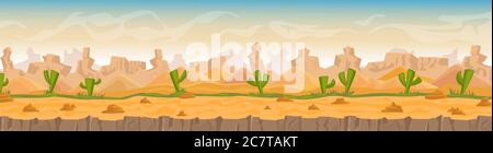 Sandy and stony hot desert landscape cartoon vector illustration background banner. Panorama Wild waterless nature in orange colors. Green cactuses, stones, sand dunes and high mountains game style Stock Vector