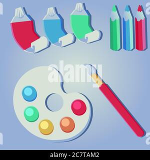 Art supplies and colors, elements. Crayons, paints and brush - back to school pack. Stock Vector