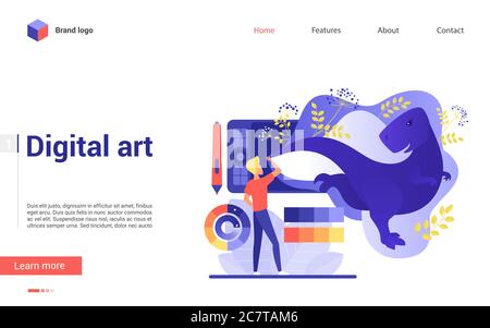 Fantastic picture creation using digital art tablet flat landing page template vector illustration. Art lessons, digital art studio, painting courses education, drawing master class lessons Stock Vector