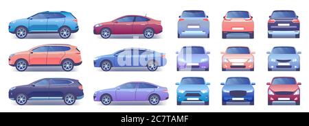 Modern car vector illustration set. Cartoon flat side front back view collection with colorful car and closed trunk, compact city crossover, passenger sedan car, transport mockup template isolated set