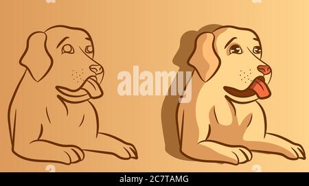 Cartoon and sketch vector of a dog with his mouth open. Golden retriever sitting and showing his tongue. Stock Vector
