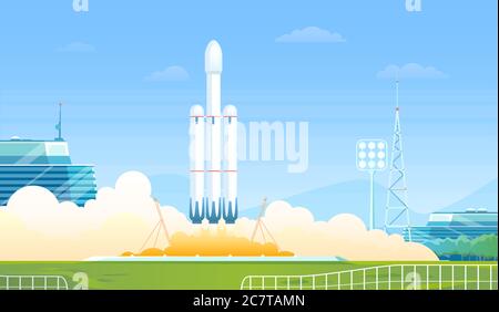 Launch rocket vector illustration. Cartoon flat research shuttle, heavy rocket carrier taking off, spaceship station or spacecraft launching on Earth orbit for space researching exploration background Stock Vector