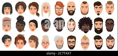Woman man characters, facial portraits vector illustration set. Cartoon flat adult people heads with different faces or hair, nationality and races, fashionable and stylish hairstyle isolated on white Stock Vector