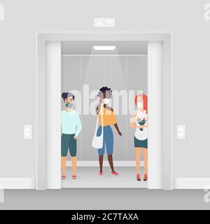 Three women in masks at elevator coronavirus character flat cartoon concept vector illustration. Young women in summer wear stand in masks in elevator. Keep distance covid-19 concept Stock Vector