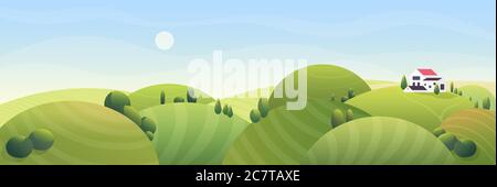 Sunny summer rural landscape vector illustration. Cartoon comic flat farm house with red roof, stylized rounded farmland field on green grass half round hills. Countryside nature fantasy background Stock Vector