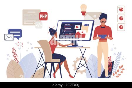 People programming vector illustration. Cartoon flat man woman programmer developers work, coder characters create program software, modern technology developing, tech coding process isolated on white Stock Vector