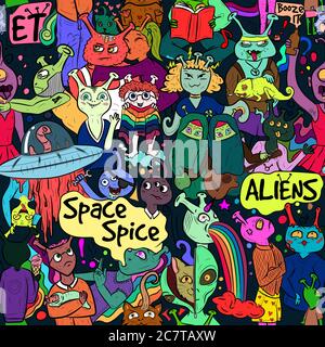Alien diversity - conceptual colorful street art. Rainbow cartoon characters - monsters and germs. Seamless pattern Stock Vector