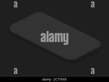Soft isometric full black vector smartphone. 3d realistic empty screen phone template for inserting any UI interface, advertisment, test presentation. Floating soft mock up design perspective view. Stock Vector