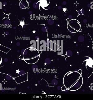 Universe, stars and planets sketch doodles. Starry sky seamless pattern. Stock Vector