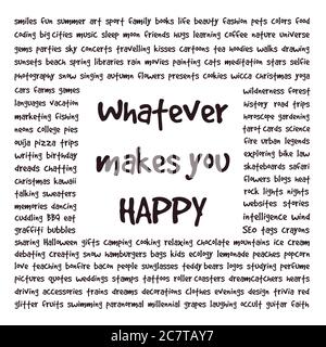Glossary square illustration. Conceptual text art about happiness. List of words and things that make people happy. Stock Vector