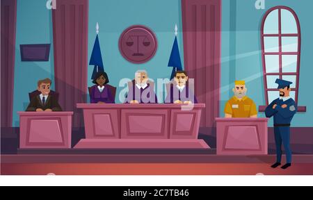 Court of law justice vector illustration. Cartoon flat courtroom interior with judge, lawyer prosecutor and criminal characters sitting on public crime proceeding tribunal in courthouse background Stock Vector