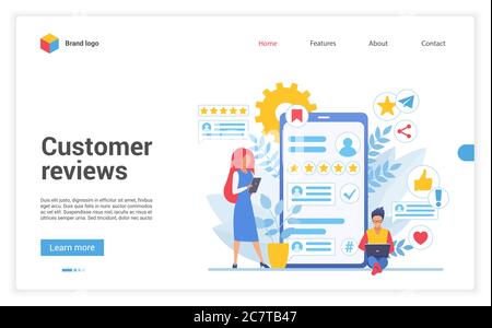 Customer people review vector illustration. Cartoon flat client character leaving rating stars, online custom feedback about good or bad experience. Reviewing social media, interface website design Stock Vector