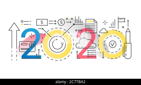 Abstract 2020 business finance technology vector illustration. Thin line flat website interface design of financial process research report, business graph big data analysis concept isolated on white Stock Vector