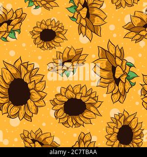 Herbal seamless pattern. Yellow sunflowers repetitive background. Spring and summer bright and yellow flowers. Stock Vector