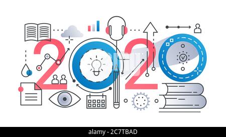 Education 2020 abstract thin line vector illustration. Flat lineart website interface design of school educational process in science or business, study items, training technology isolated on white Stock Vector