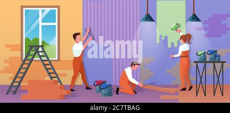 Repair home service vector illustration. Cartoon flat repairman worker people work on house renovation, paint wall with roller, glue wallpaper. Handyman characters group repairing building background Stock Vector