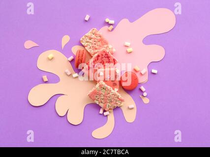 Composition with crispy rice bars on color background Stock Photo