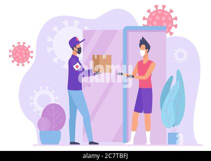 Food delivery courier delivers parcel to self isolated people concept flat vector illustration. Courier and customer in gloves, face medical masks keep safe distance during quarantine covid 19 Stock Vector