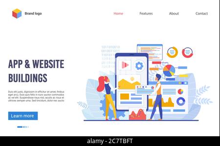 Application and website buildings landing page template flat vector illustration concept. Software development, responsive website interface, app marketing plan and graphic design, web engine core Stock Vector