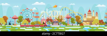 Amusement park panorama with attractions and fairytale castle concept flat vector illustration background, banner. panoramic bright carousels, roller-coaster, toy train, cute trees, flying kite Stock Vector
