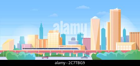 Panorama of city train subway vector illustration. Cartoon flat urban cityscape with modern metro train traveling by rail road on railway bridge, office buildings and street cars, skyline background Stock Vector