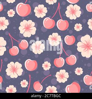 Cherries and flowers, seamless pattern. Floral repetitive background with pink elements for spring season. Stock Vector