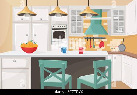 Kitchen interior in traditional design flat cartoon vector illustration. Cozy atmosphere, brick decorated wall, cute form cabinet doors, rough wooden chairs, furniture, kitchenware Stock Vector
