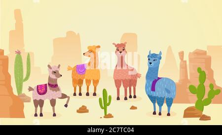 Lovely lamas character hand drawn cartoon vector illustration landscape. Different colors and moods cute animals with bright blanket in hot desert near cactus and rocks. Banner, wallpaper, print Stock Vector