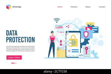 Data Protection software and privacy flat vector illustration web landing template page. Confidential data acces, internet security, antivirus software services, business cloud computing security Stock Vector