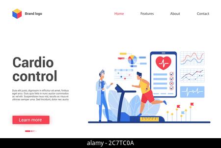 Cardio control vector illustration. Cartoon patient character training cardiovascular system, running on treadmill in medical examination. Interface website design of cardiology healthcare medicine Stock Vector