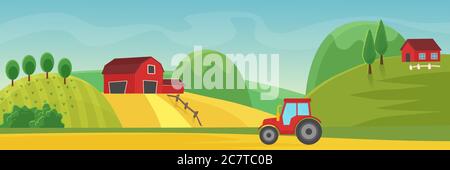 Rural landscape panorama with farm cartoon flat vector illustration concept. Panoramic Countryside fields, trees, high hills, red houses. Tractor on dirt road outroad in foreground Stock Vector