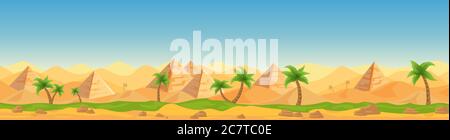 Egyptian desert Panoramic view cartoon vector illustration landscape, banner. Similar pattern panorama Afro Asian tourist country, hot weather, sand, blue sky, dunes, pyramids, palms game style Stock Vector