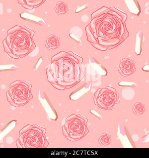 Roses and gemstones seamless pattern on a pink background. Flowers and precious quartz repetitive objects. Stock Vector