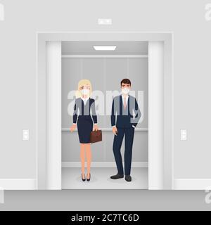 Business people in masks in elevator character flat cartoon vector illustration concept. Man and woman in formal wear with masks in illuminated elevator with opened door. Keep distance concept Stock Vector