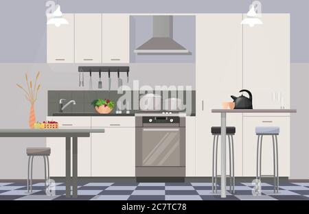 Comfortable modern design kitchen interior flat cartoon vector illustration. Clean room for cooking in light colors, full set necessary furniture, oven, tables with pot, vase and cups, stools Stock Vector