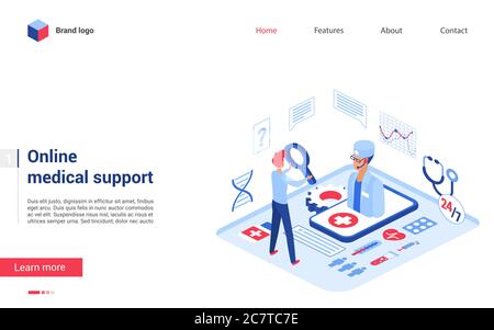 Online medicine isometric vector illustration. Cartoon 3d interface website design for distance modern telemedicine services, online call patient to doctor for diagnosis, medical consultation concept Stock Vector