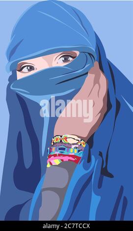 Colorful vector of an islamic arabic woman wearing a blue burka and bohemian bracelets. Girl with beautiful eyes covering her face with a veil Stock Vector