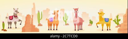 Cute artistic lamas character hand drawn cartoon vector illustration panorama landscape. Colored animals in different moods at traditional desert landscape with sand, cactus, stones, hot air banner Stock Vector