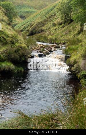 Alport Dale is a remove valley in the Peak District National Park with mant waterfalls and the famous Alport Castles, a major landslip Stock Photo