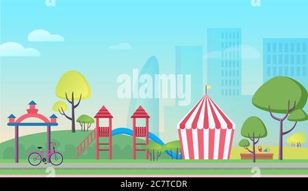 Children playground in big city cartoon flat landscape background vector illustration. Colorful attractions, striped tent, trees, playful slides, sandbox with tiny baskets, skyscrapers in mist Stock Vector